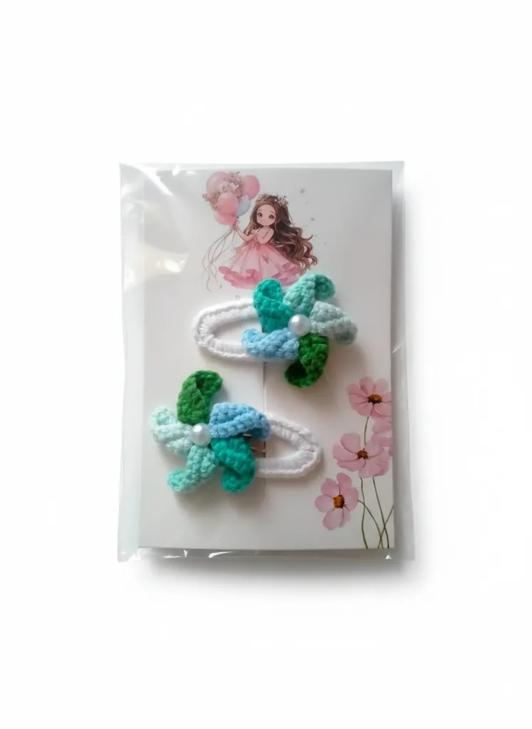 Örgü Mavi ve Yeşil Çiçek Motifli Kız Çocuk Toka Seti - El Emeği