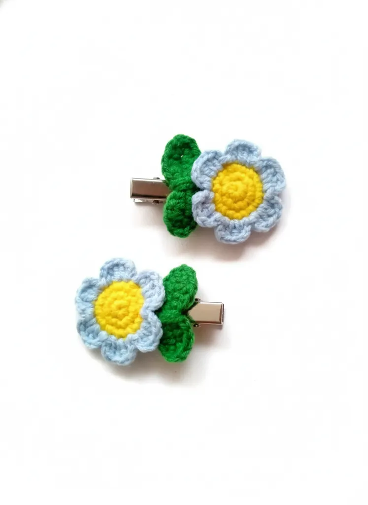 Mavi Papatya Motifli Örgü Bebek Saç Tokası - Kıskaçlı El Emeği