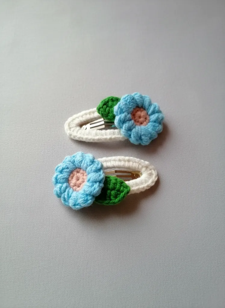 Mavi Örgü Papatya Desenli Bebek Saç Tokası (2 Adet) - El Emeği