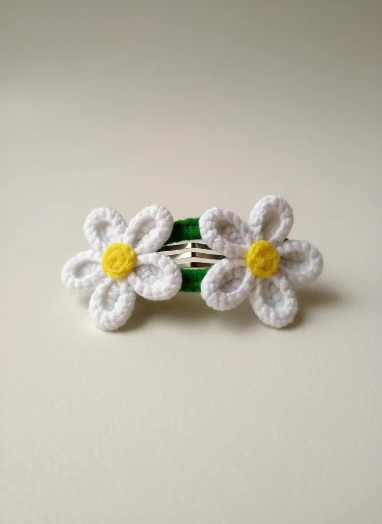 Örgü Beyaz Papatya Çiçekli Kıskaçlı Saç Tokası - El Emeği