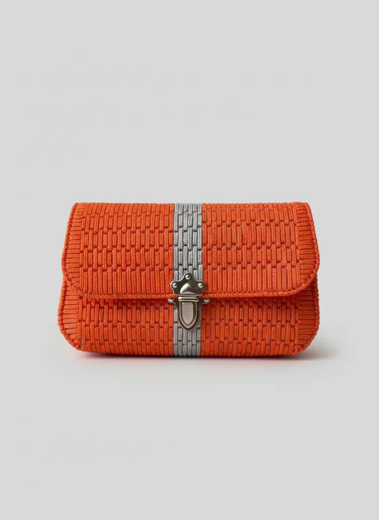 Turuncu Örgü El Çantası - Gri Detaylı, Metal Tokalı - El Emeği