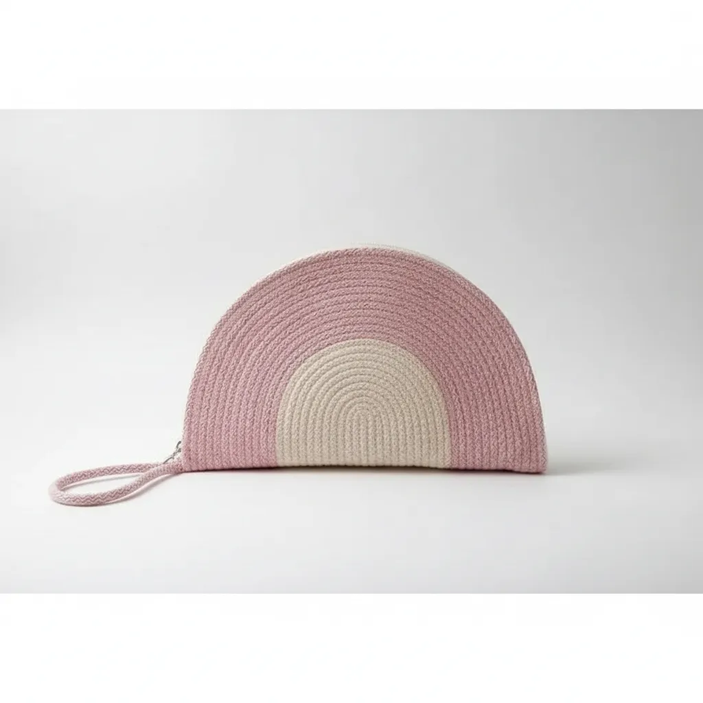 Pembe ve Krem Renkli Yarım Ay Şeklinde Örme Clutch Çanta - El Yapımı