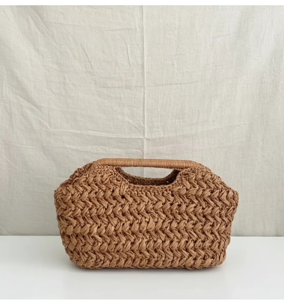 Rafya İpten Örme Clutch Çanta - Kahverengi El Emeği Portföy