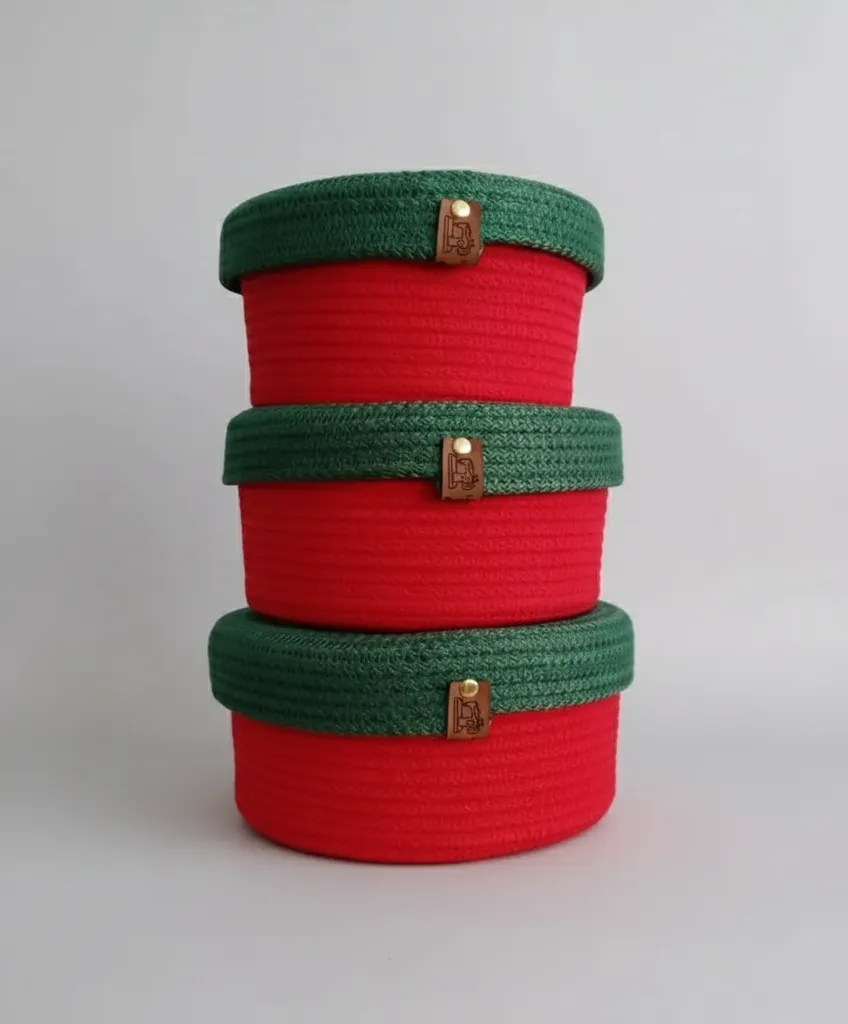 Kırmızı ve Yeşil Renkli Üçlü Pamuk İp Örme Sepet Seti