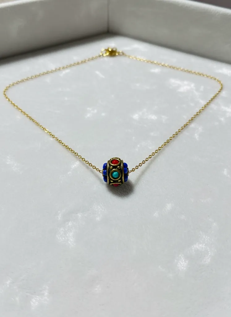 Gold Colored Chain Necklace with Multicolored Bead Details - Handmade