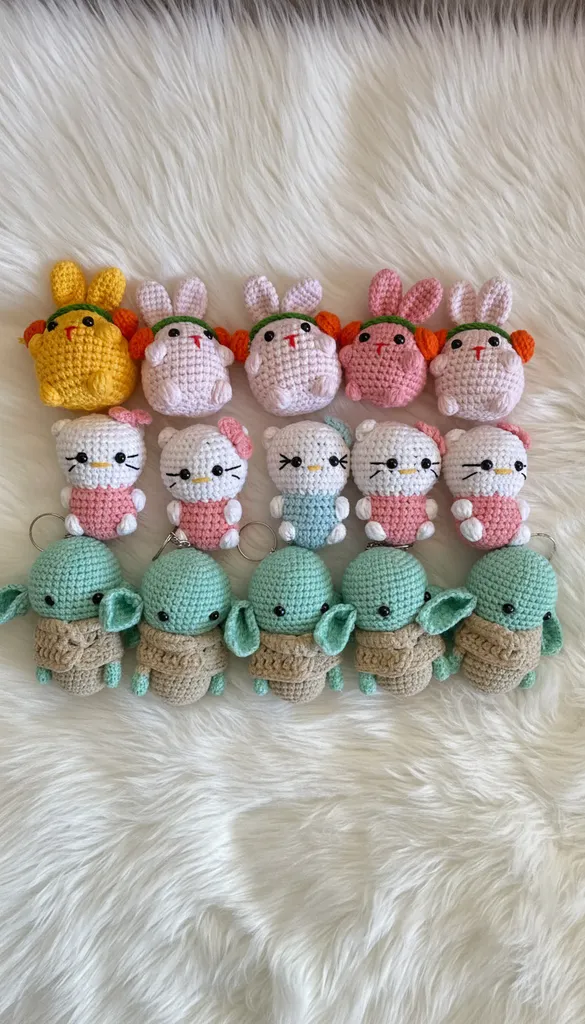 Örme Amigurumi Anahtarlık Seti - Tavşan, Hello Kitty, Yoda Karakterleri