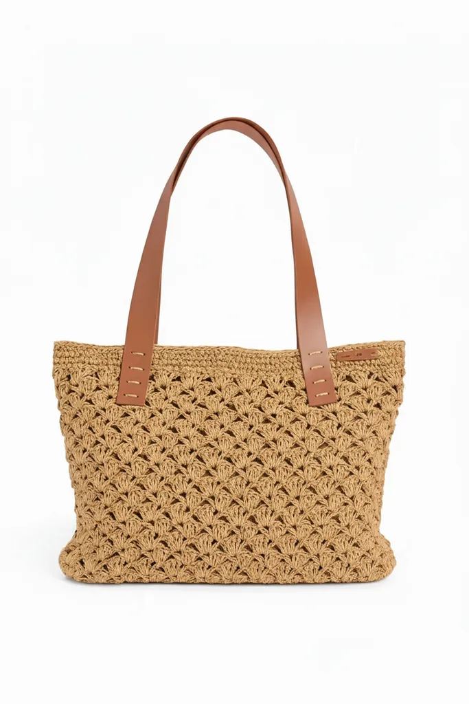 Kahverengi Deri Saplı Kağıt İp Örgü Çanta - El Yapımı