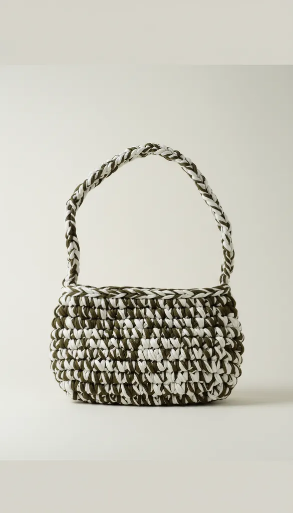 Beyaz ve Haki Renkli Örgü Penye İpten Kol Çantası - El Emeği