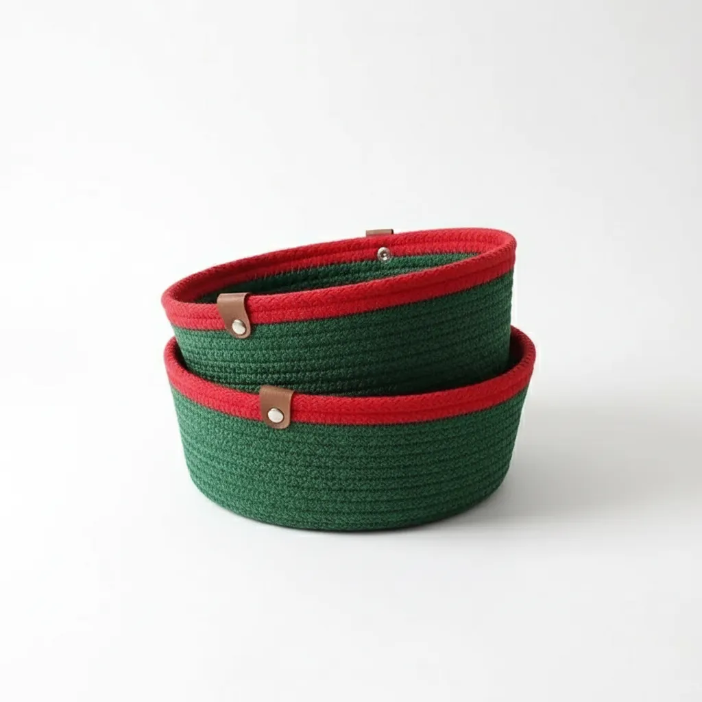 Green and Red Detailed 3-Piece Rope Basket Set - Handmade