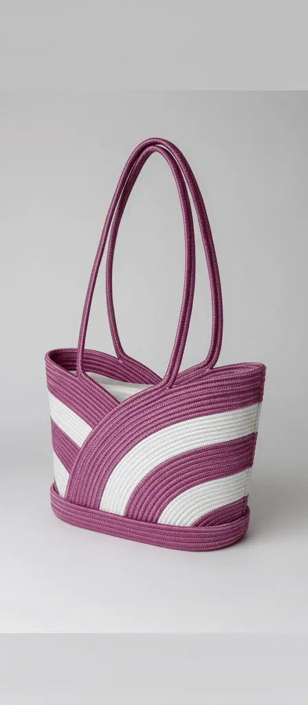 Mor ve Beyaz Şeritli Halat İpten Örme Plaj Çantası - El Emeği