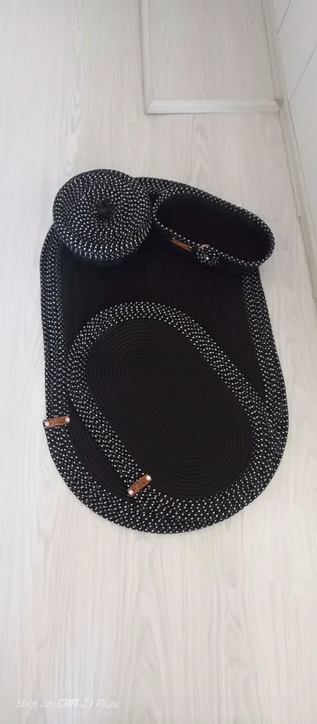 Siyah Halat İp Örgü Banyo Seti - 3 Parça Banyo Paspası ve Sepet