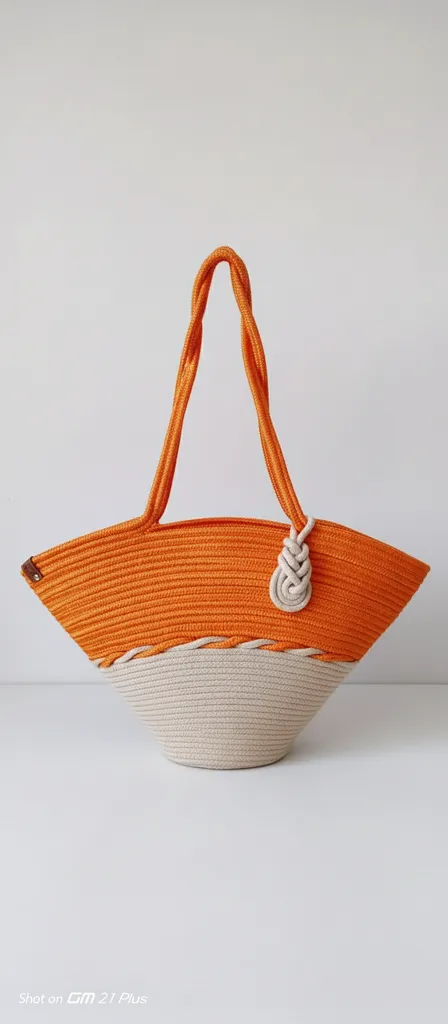 Turuncu ve Krem Renkli Halat İpliği Örgü Sahil Çantası
