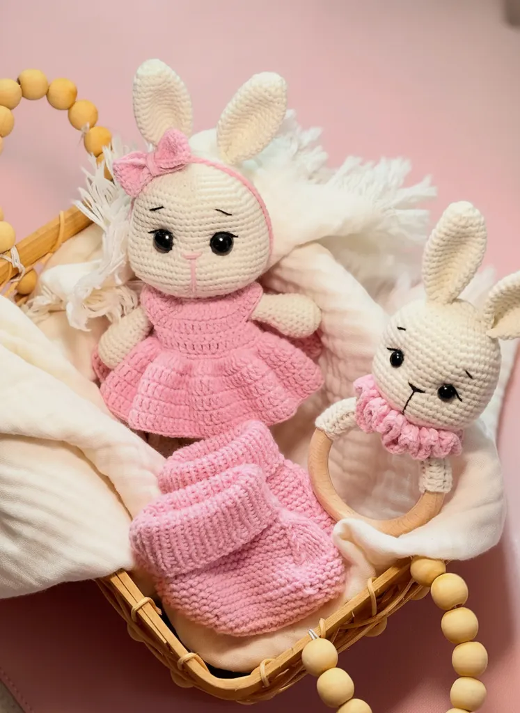 Amigurumi Pembe Elbiseli Tavşan Oyuncak ve Patik Seti - El Yapımı