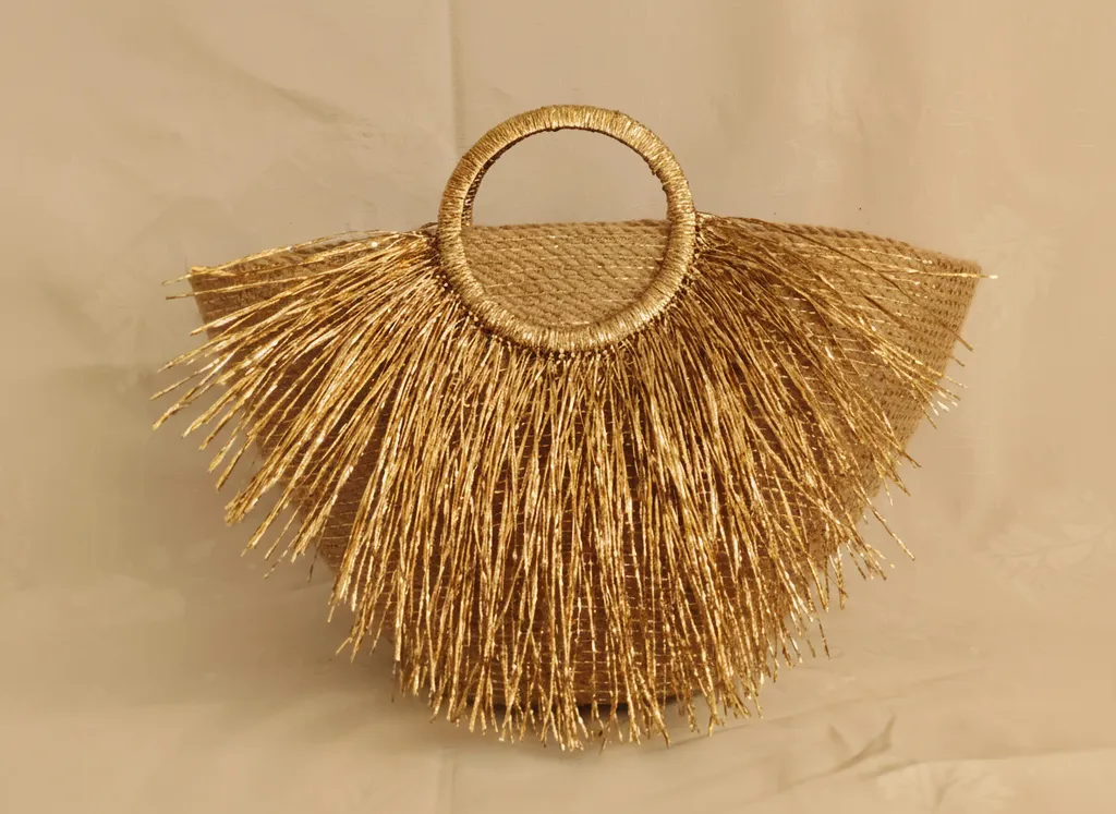 Jüt İp Örgü Plaj Çantası - Gold Detaylı Diva Tasarım Çanta