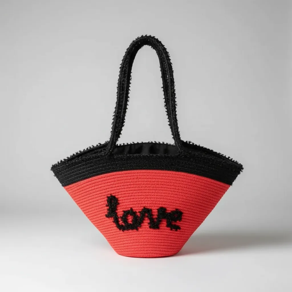 Kırmızı ve Siyah Hasır Plaj Çantası - Love Yazılı El Yapımı