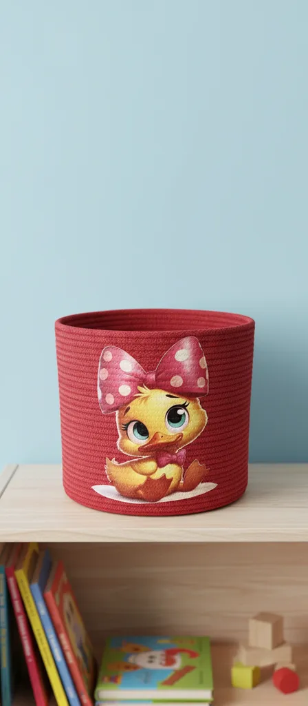 Kızıl Renkli Ördek Desenli Yuvarlak Halat Sepet - Organizer Sepet