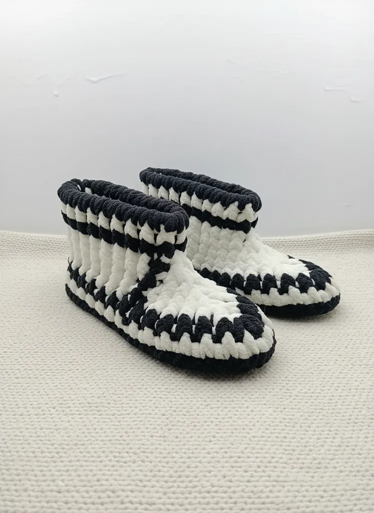 Black and White Knitted Bridal Slipper - Soft Textured Women's Home Slipper