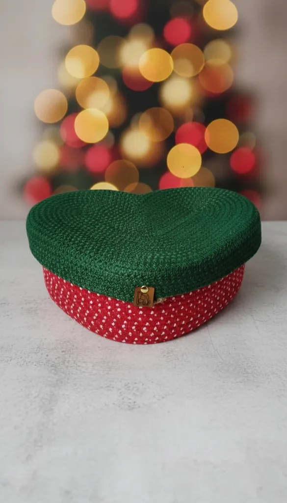 Kalp Şeklinde Yeşil ve Kırmızı Jüt İpinden Örme Dekoratif Sepet - Noel Temalı