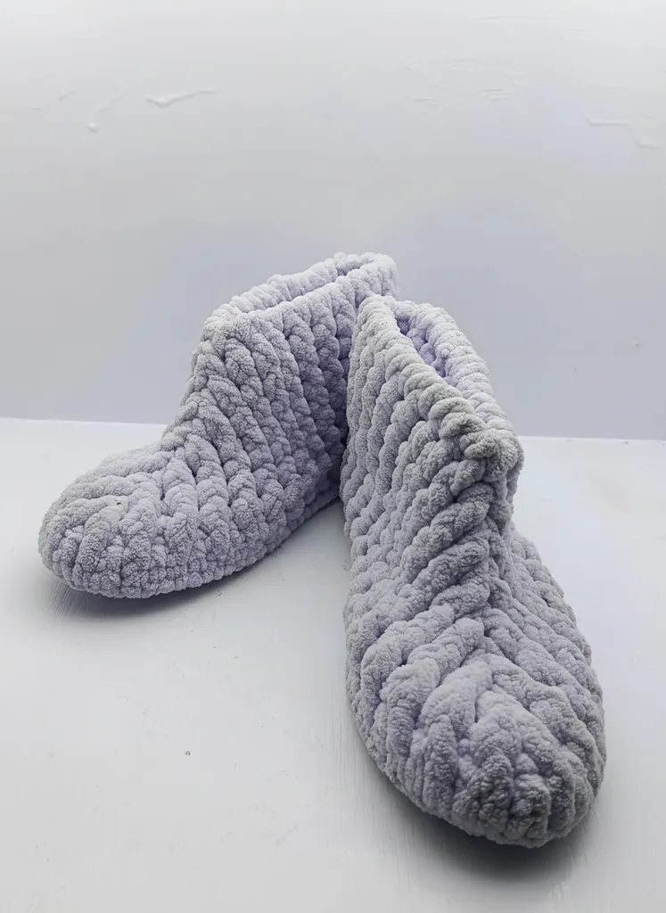 Lilac Knitted Women's Home Slippers - Size 35-36 - Handmade