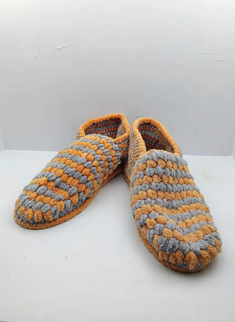 Örgü Kadın Ev Terliği - Turuncu Gri Renkli Kaymaz Tabanlı, 35-36 Numara