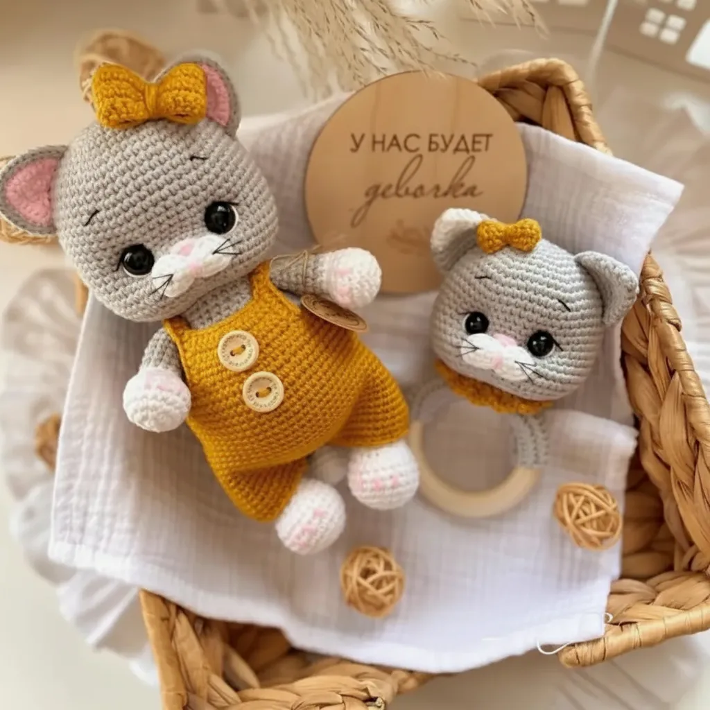 Gri Amigurumi Örme Kedi Oyuncak Seti - Sarı Tulumlu ve Çıngıraklı