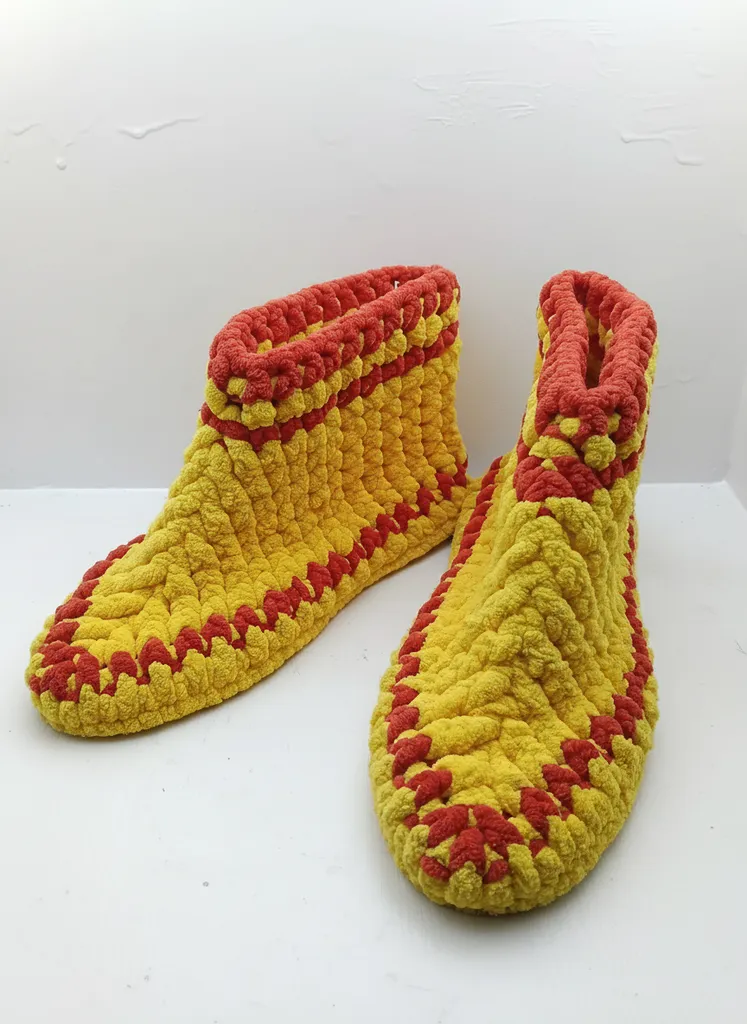 Women's Yellow and Red House Slippers - Hand Knitted Warm Keepers 37-38