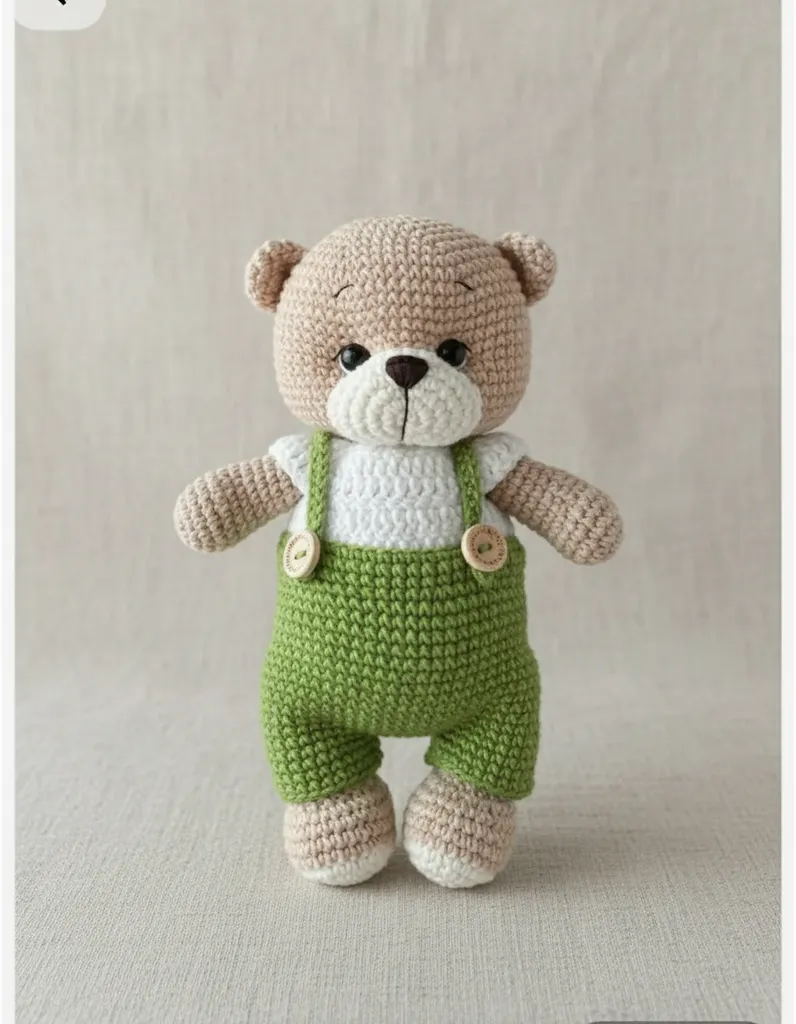 Yeşil Tulumlu Amigurumi Ayıcık - Organik Oyuncak Bebek Hediyesi
