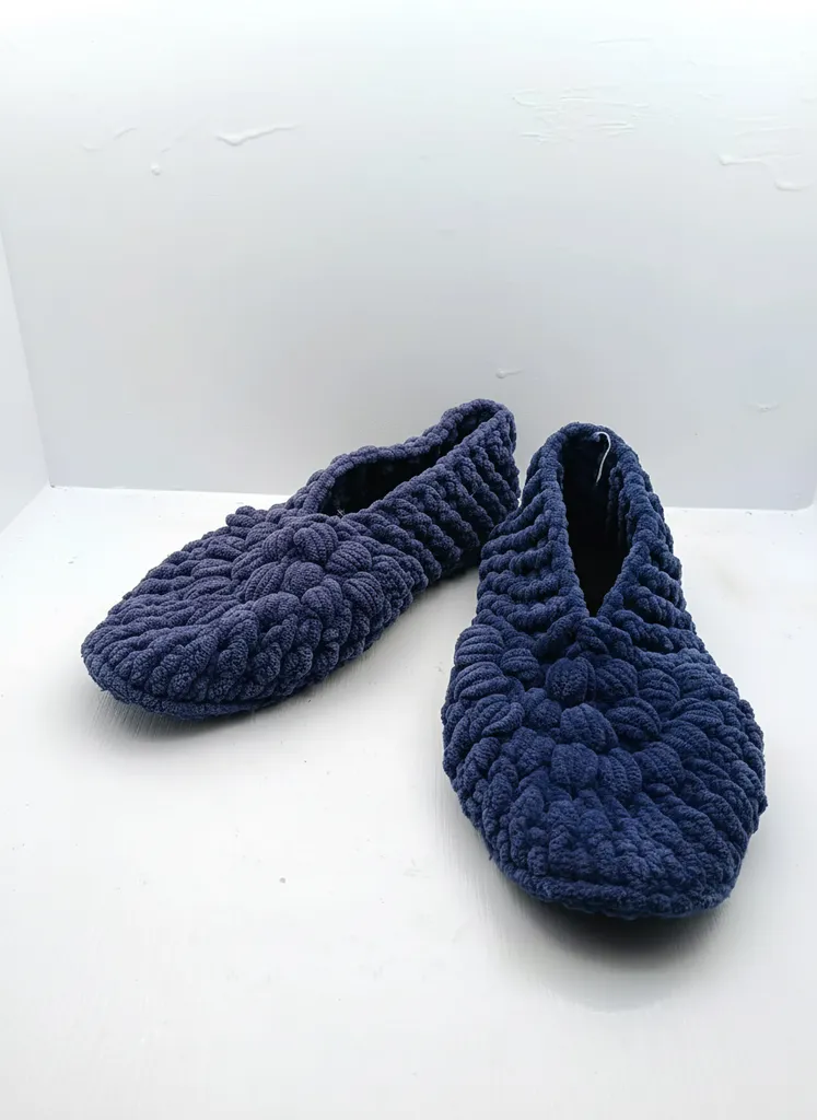 Women's Navy Blue Plush Home Slippers Size 37-38 - Hand Knitted
