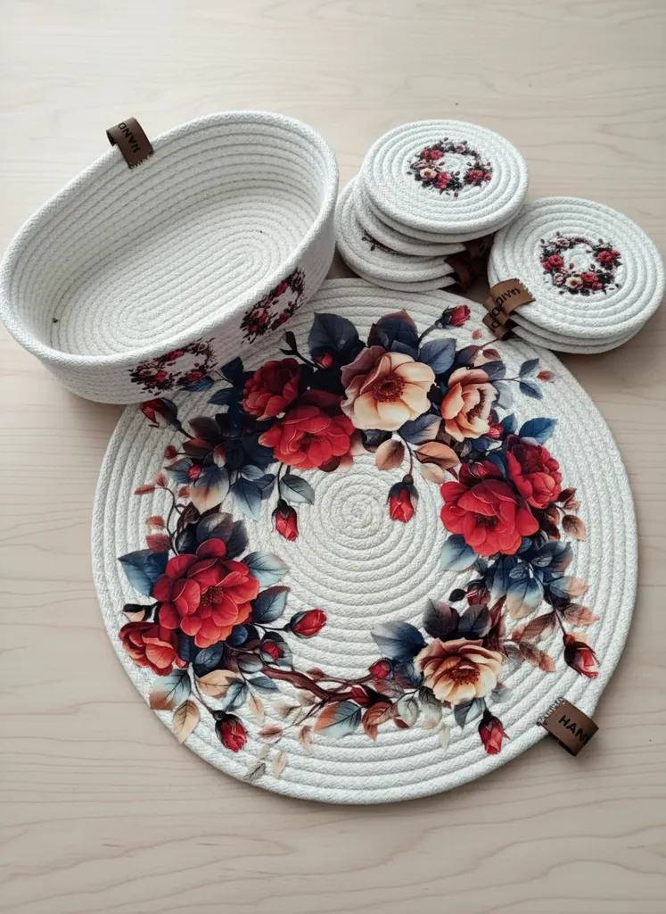 El Yapımı 6’lı Supla Takımı ve Masa Sepeti – Çiçek Desenli