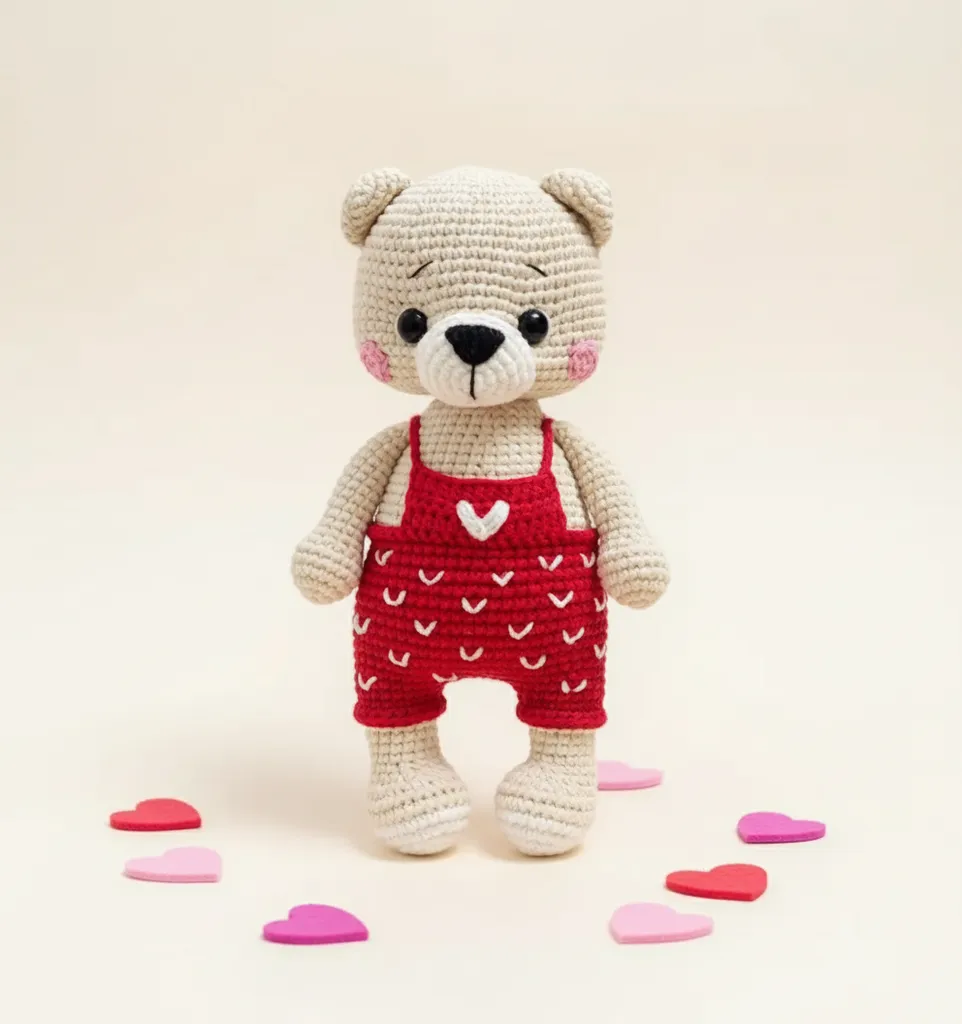 Sevimli Amigurumi Ayıcık Oyuncak - Kırmızı Kalpli Tulumlu - El Emeği