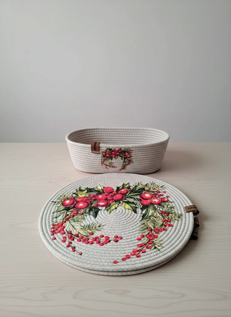 El Yapımı Pamuk İpten Kırmızı Yeşil Çelenk Desenli 7 Parça Supla Seti