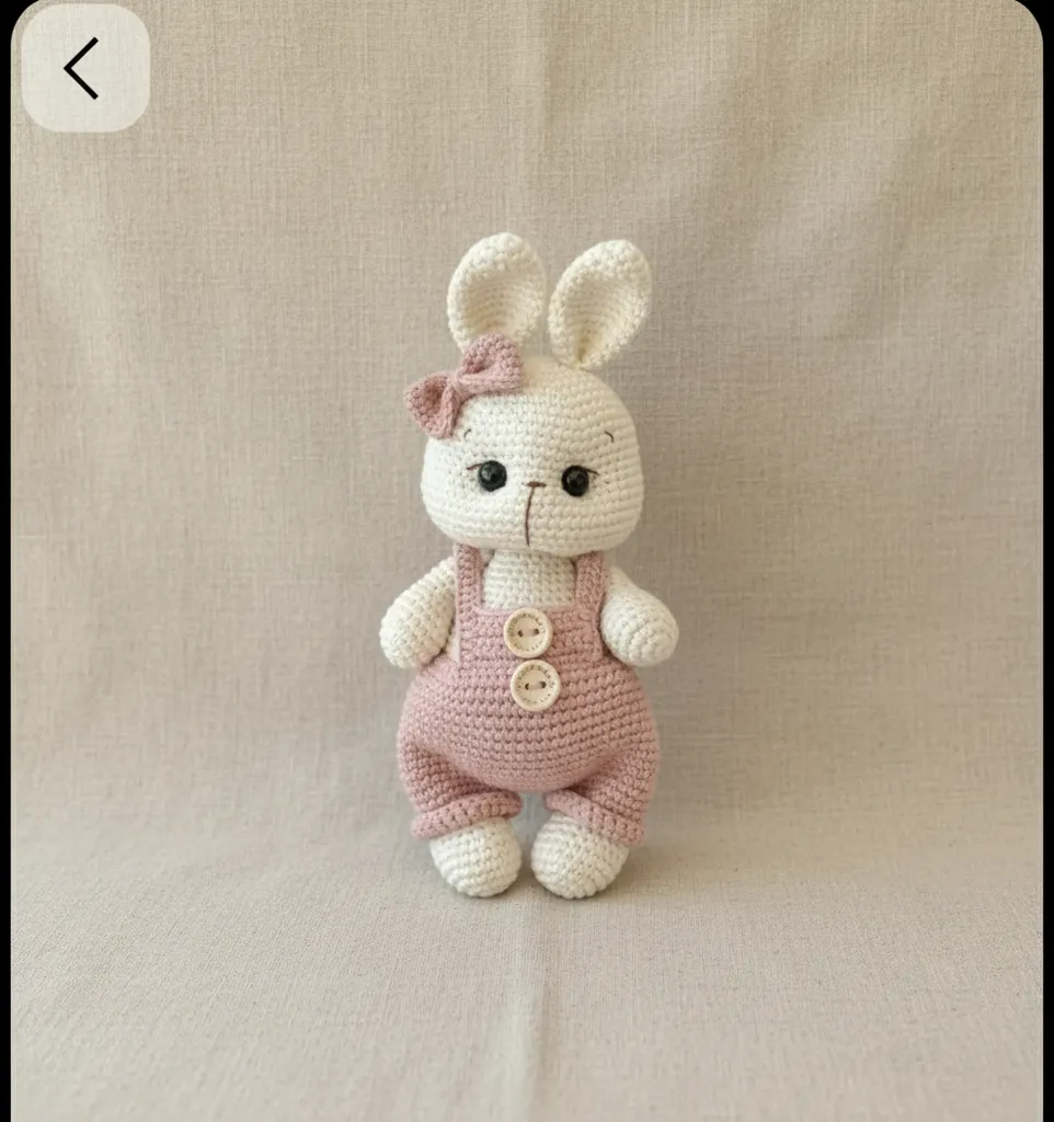 Amigurumi Örgü Tavşan Bebek Oyuncak - Pembe Tulumlu ve Düğmeli