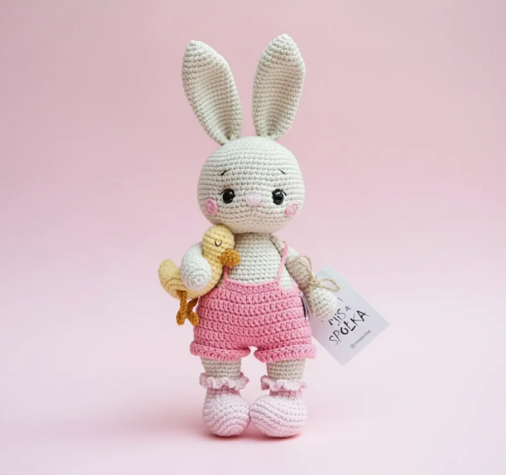 Sevimli Amigurumi Tavşan Oyuncak - Civcivli, Pembe Tulumlu, El Emeği