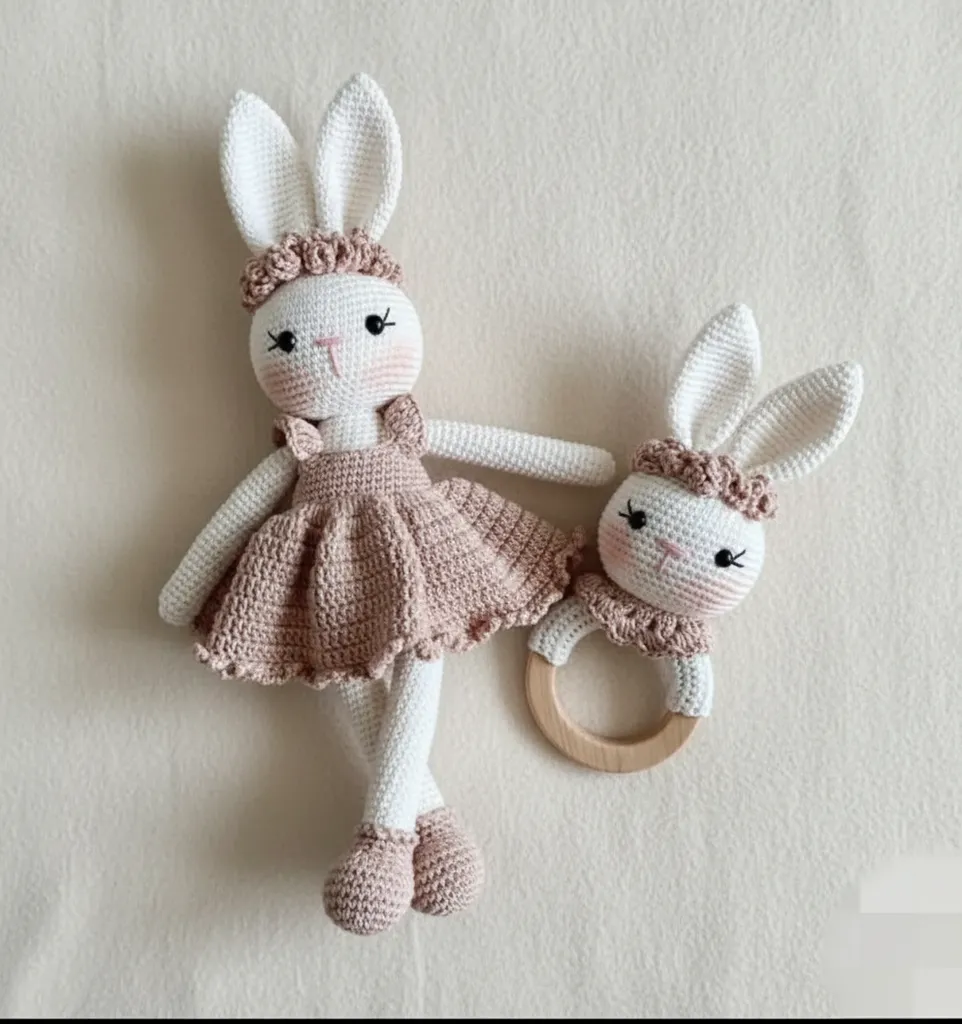 Amigurumi Rabbit Toy and Rattle Set - Brown Handmade