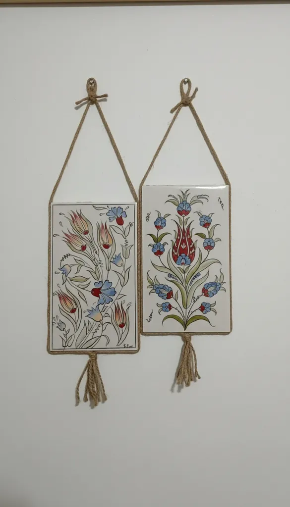 Flower Patterned Ceramic Wall Decor - Set of Two Tile Paintings