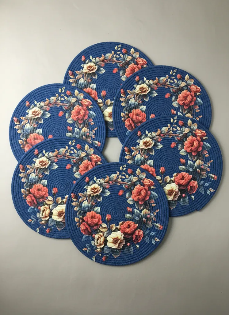 El Örgüsü Lacivert Zemin Çiçek Desenli Supla Seti (6'lı) - Pamuk İp