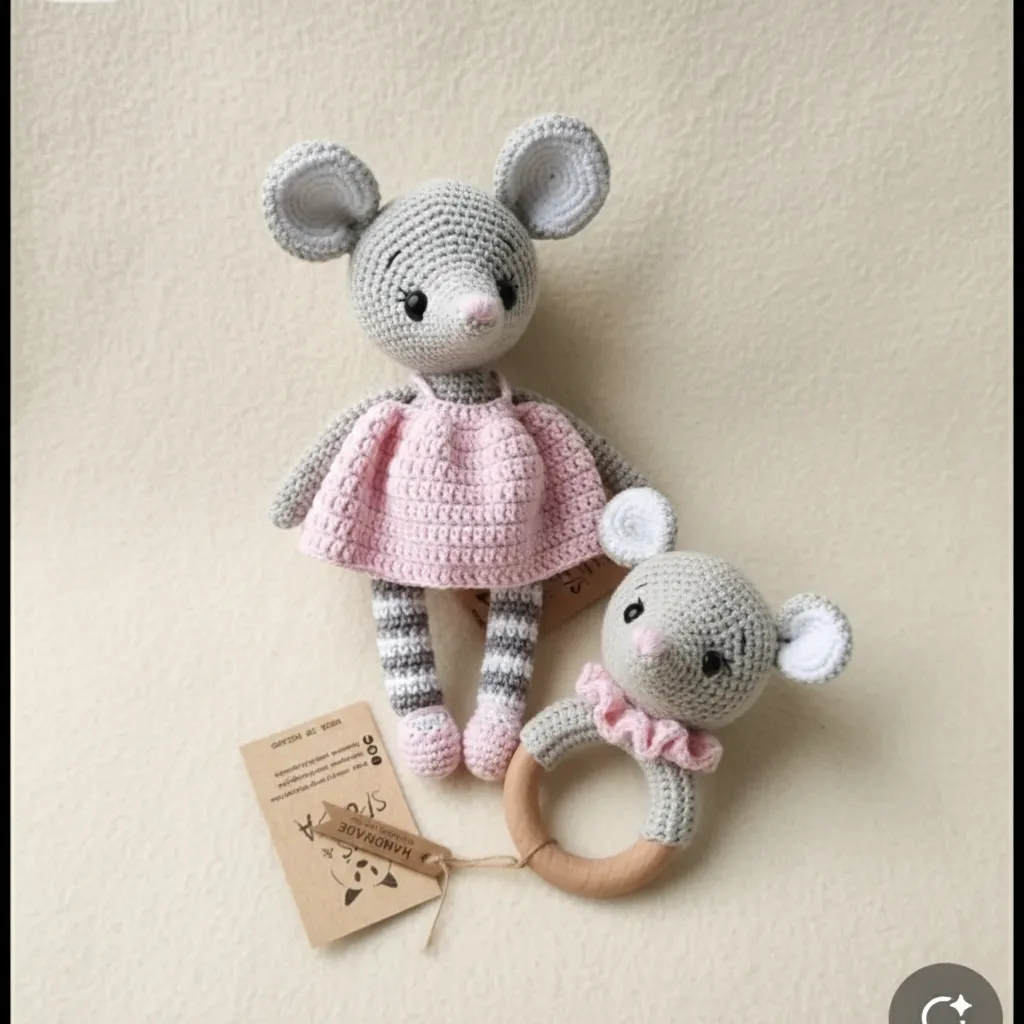 Örgü Amigurumi Fare Bebek Oyuncak ve Çıngırak Seti - El Yapımı