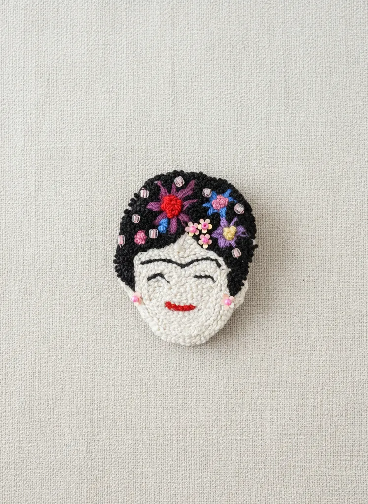 Frida Kahlo Temalı Punch Nakışı Broş - El Emeği Tasarım