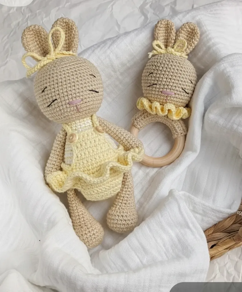 Amigurumi Örgü Tavşan Oyuncak ve Ahşap Halkalı Çıngırak Diş Kaşıyıcı Set