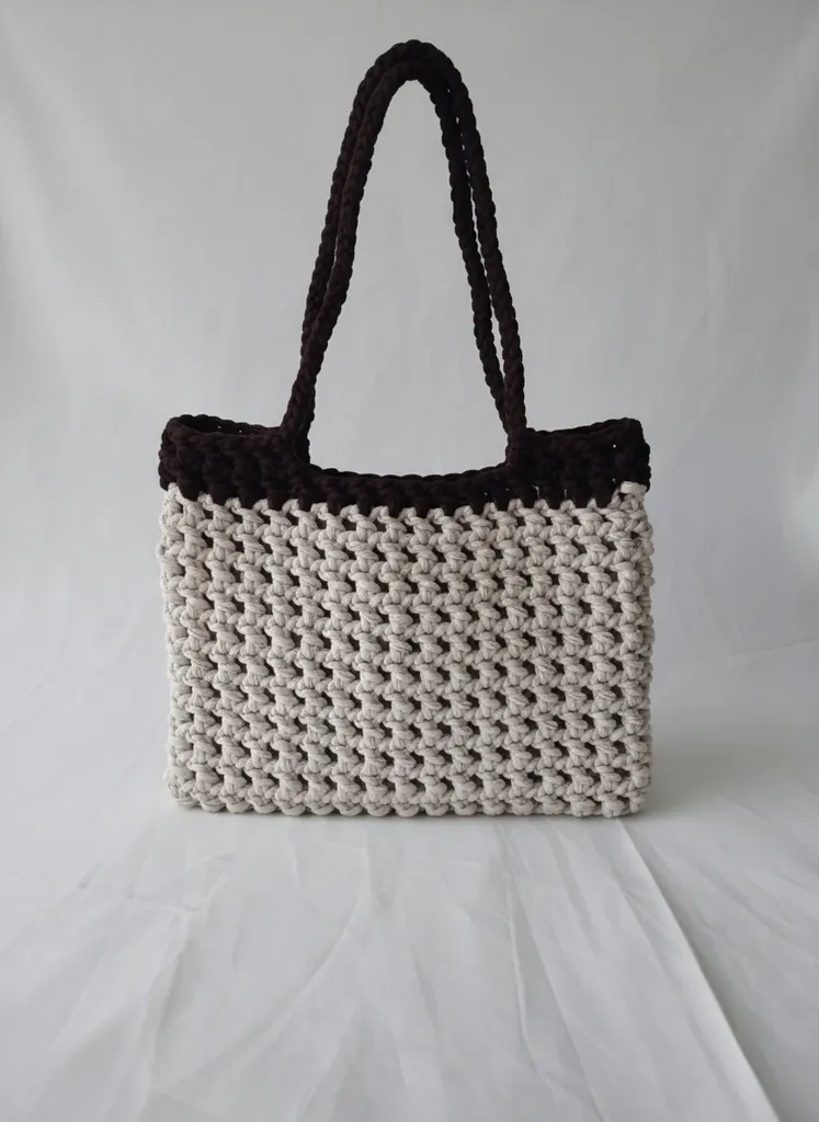 Krem ve Kahverengi Makrome Örgü Omuz Çantası - El Emeği