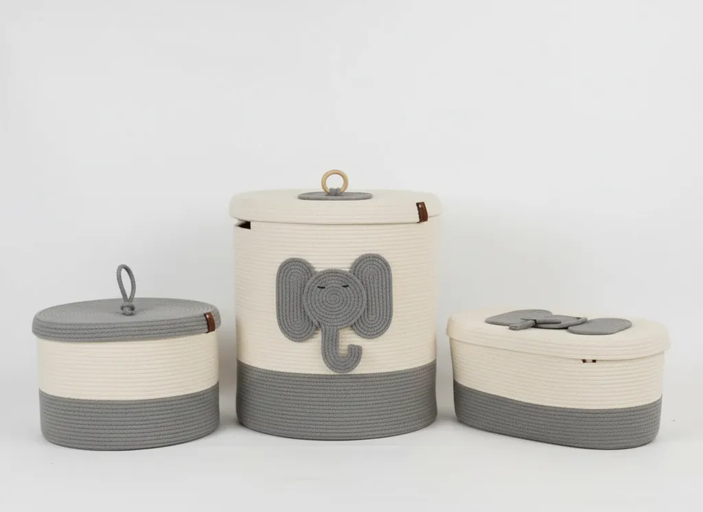 Gri Fil Desenli Çocuk Odası Sepet Seti - 3 Parça El Yapımı