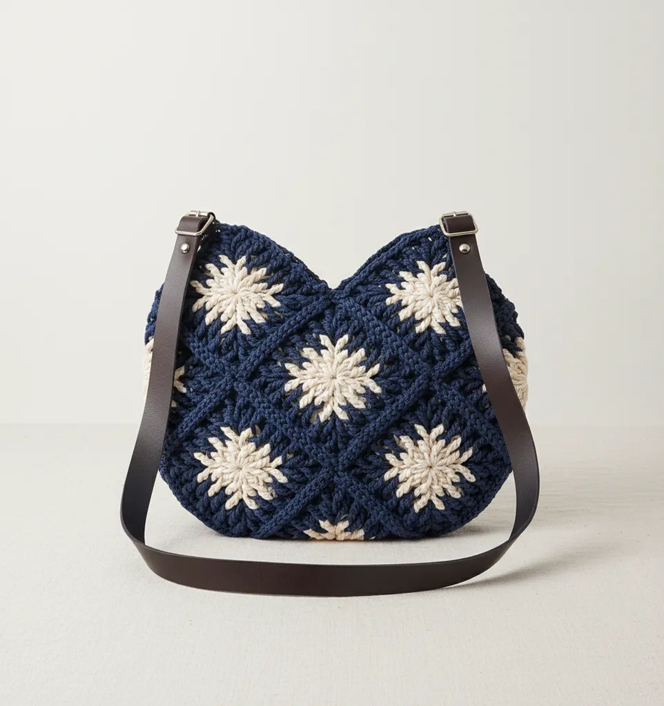 Lacivert Krem Rengi Çiçek Desenli Örgü Omuz Çantası - Makrome İpten El Emeği