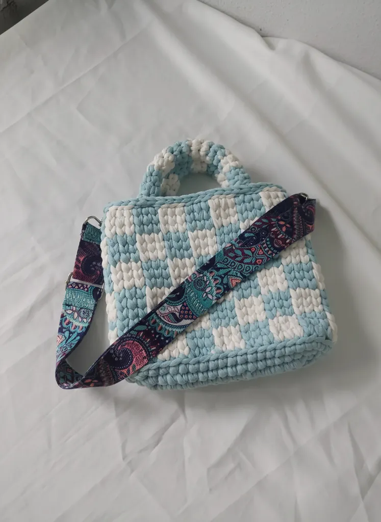 Blue and White Checkered Crochet Shoulder Bag - Handmade