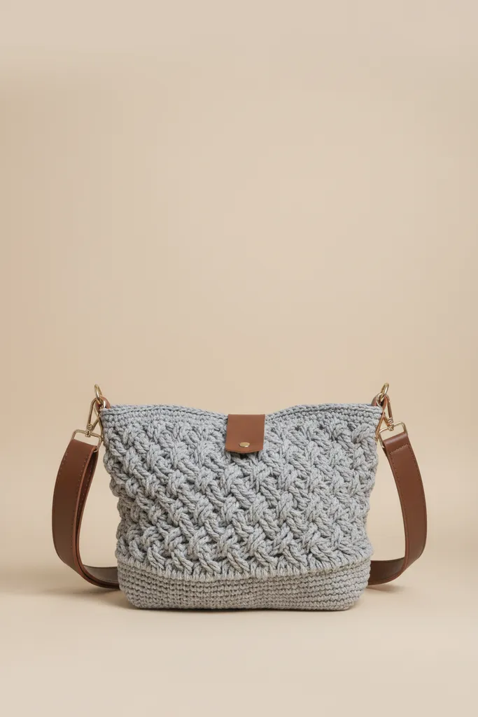 Gri Makrome Örgü Omuz Çantası - Kahverengi Deri Detaylı Hasır Model