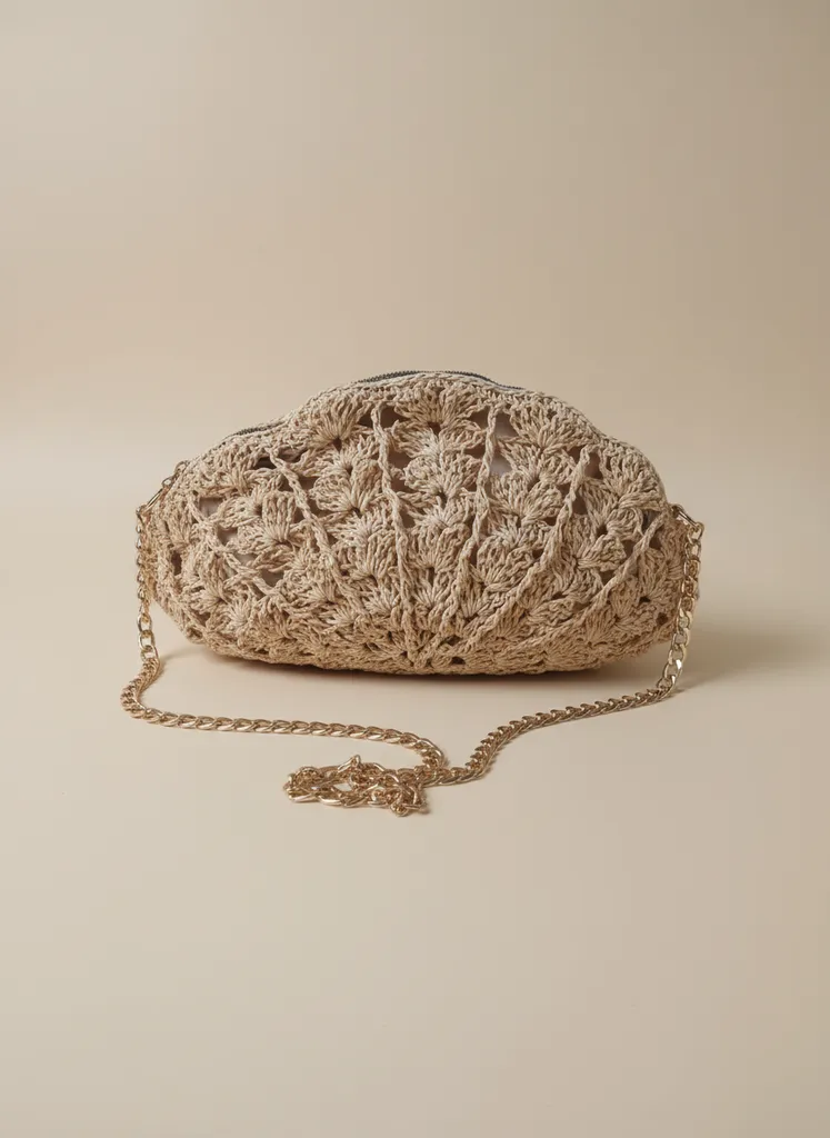 Bej Renk Örgü Desenli Zincir Askılı Hasır Midye Plaj Çantası