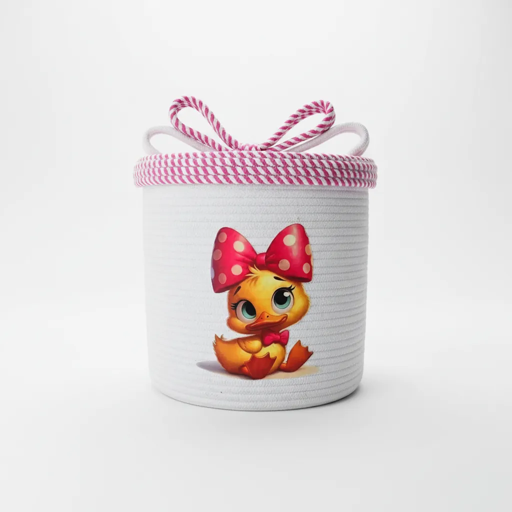 Beyaz Halat İpten Çocuk Odası Sepeti - Civciv Desenli El Emeği