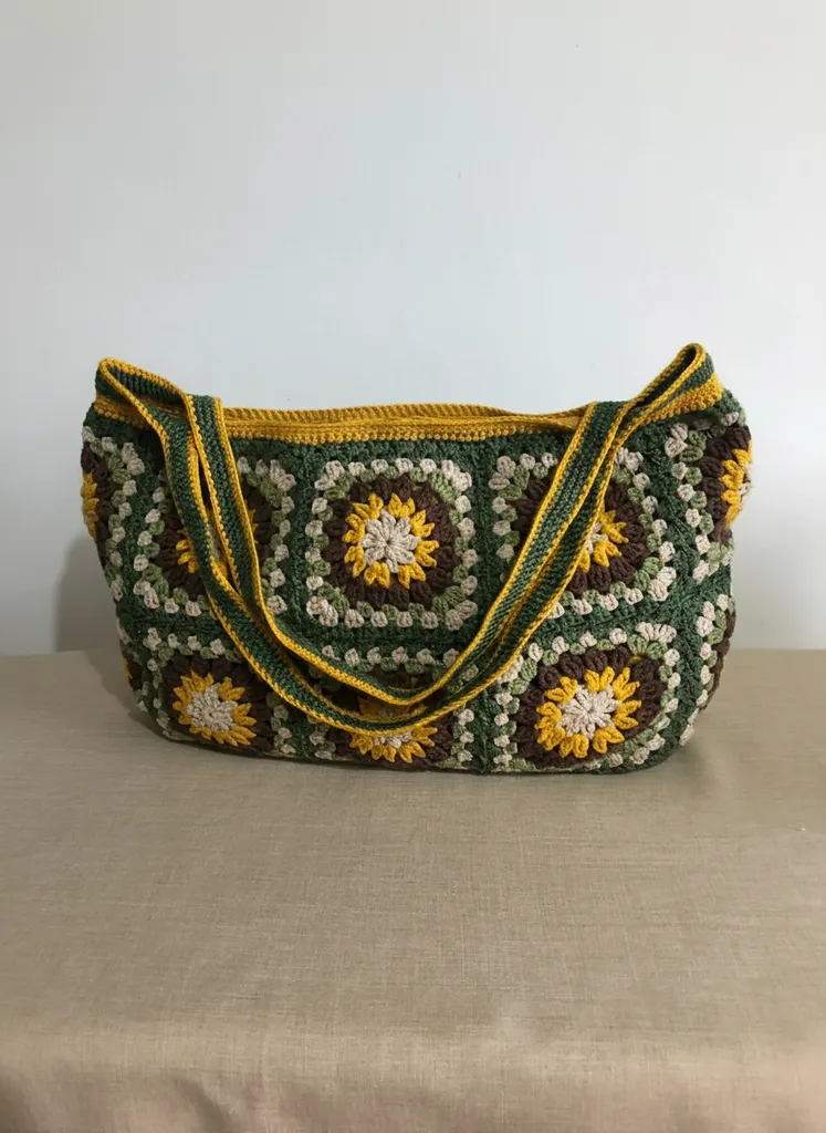 Makrome Motifli Pamuk İplik Örgü Çanta - El Yapımı, Yeşil Kahverengi Sarı