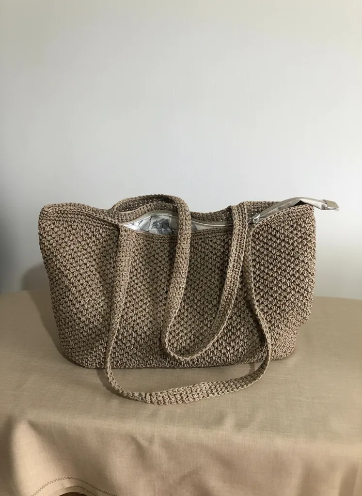 Kahverengi Kağıt İpten Örme Omuz Çantası - Fermuarlı, El Yapımı