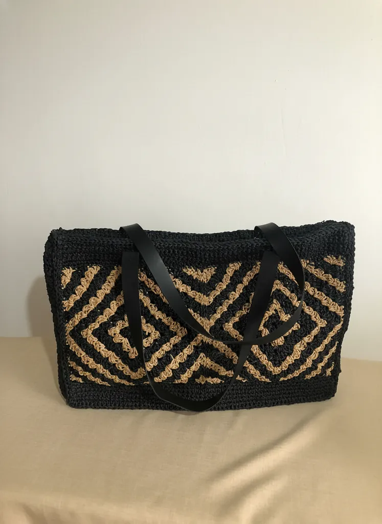Siyah ve Sarı Desenli Hasır Plaj Çantası - El Yapımı