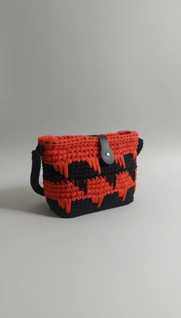 Red and Black Knitted Shoulder Bag Made from T-Shirt Yarn - Handmade
